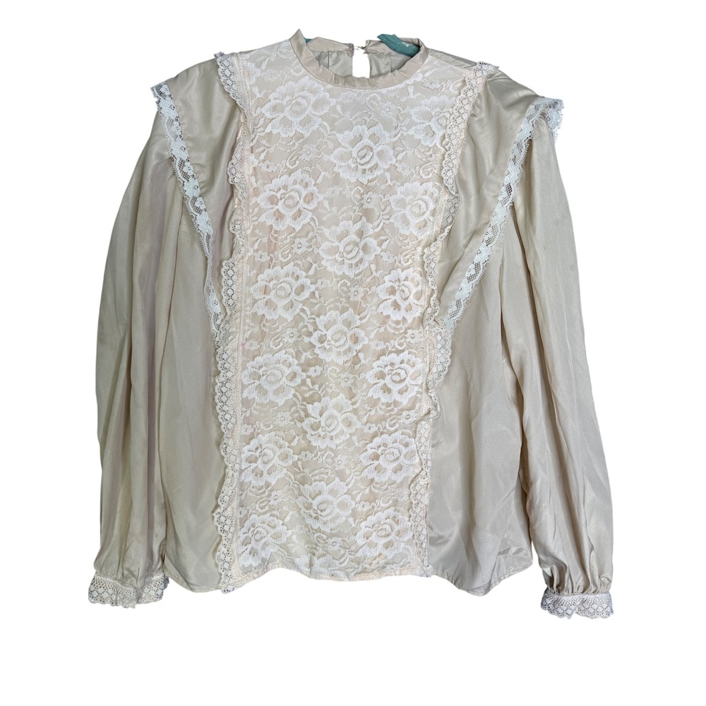 Vintage Champagne Satin Lace Inset Victorian High Neck Balloon Sleeve Blouse